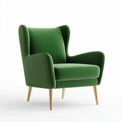 A statement armchair with a high backrest, upholstered in emerald green velvet with brass accents , isolated on a white background , High quality , No blur