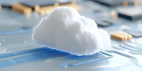 Cloud Computing Abstract: A fluffy, white cloud sits atop a computer circuit board, embodying the concept of cloud computing and data storage in a visually striking and symbolic manner.