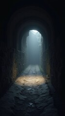 First person view, going down with a flashlight, the arch opens up into a dark long tunnel