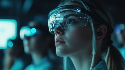 Young Woman in Futuristic Glasses in a Technology Environment