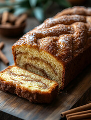 Delicious cinnamon swirl bread loaf with a golden crust and sweet aroma enjoyed on a wooden table