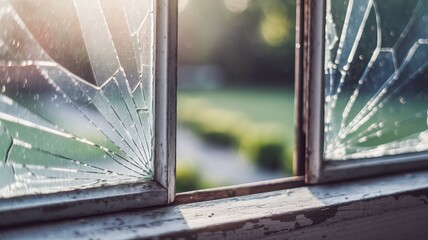 A shattered glass window frame lies open, revealing a blurred view of a tranquil, sunlit garden. Jagged edges reflect light, casting intricate patterns on the weathered wooden sill.