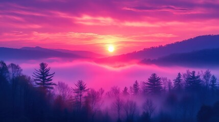 Obraz premium Panoramic view of colorful sunrise over mountain backdrop amidst foggy tree outlines, with warm sunlight & hues of dawn colours against a soft blue background at dusk.