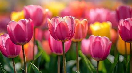 Many Blooming Tulip Fields in Agriculture Garden Background.