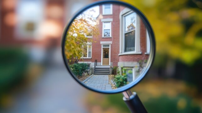 Magnifying glass revealing a detailed close-up of a house front door, blurred street background. 7e