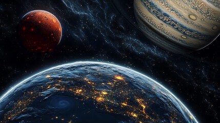 An artistic depiction of Earth captured from deep space, with its vibrant night lights pulsating across regions. Surrounding it