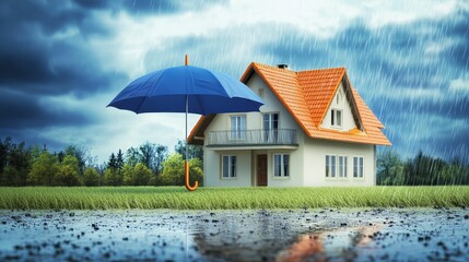 House protected from rain under blue umbrella.