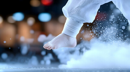 Barefoot Martial Artist Performing an Acrobatic Flip in Foam Amidst City Night Lights