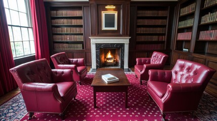 Cozy Library Setting with Red Leather Chairs and Fireplace Ambience