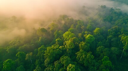 Aerial view of lush rainforest shrouded in morning mist, sunlit canopy.
