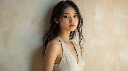 Fototapeta premium Young woman poses elegantly against a neutral wall in soft lighting during a calm afternoon