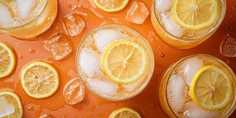 Floating spiked lemonade with lemon slices and ice on a rich terracotta background