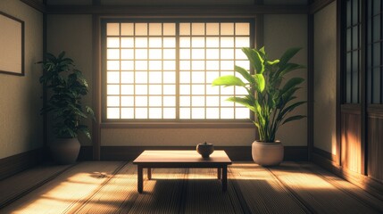 Serene Japanese Interior with Natural Light and Lush Green Plants