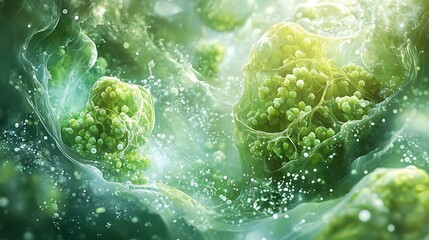 Obraz premium An artistic yet realistic depiction of green plant cells under a microscope, with their organic shapes and internal structures clearly visible. 