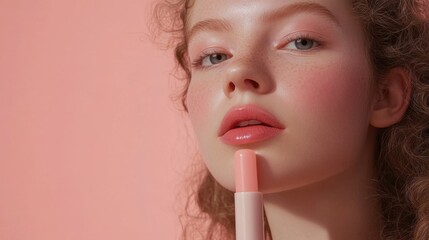 Model with lips with lip balm looking natural and juicy, light pink background.