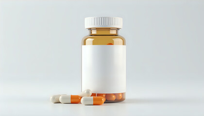a medicine bottle with blank label and pills