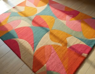 Vibrant mid-century modern retro rug with geometric patterns. Bold pink, orange, yellow, beige, green evokes 60s and 70s nostalgia. Stylish floor decor textile, carpet design element.