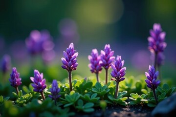 Obraz premium Petite purple blossoms burst forth from the darkness, purple, petite flowers, greenery