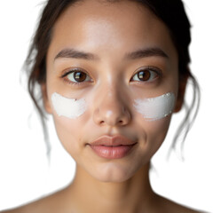 Woman with under-eye mask on face against isolated white background for skincare routine