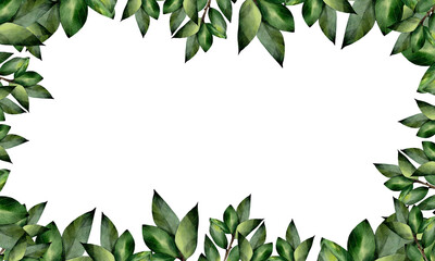 Naklejka premium Rectangular frame made of green watercolor tree leaves. Hand drawn, isolated on a white background. Template with space for text. For design, print, invitations