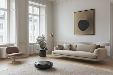 Effortless cleaning in a Stockholm apartment, as a robot vacuum moves across a sleek living room with a Lagom book.