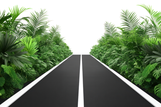 A long, straight black asphalt road with bright white dividing lines, surrounded by lush greenery and a faint horizon, highlighting the contrast between the road and nature.
