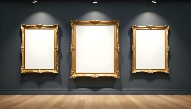 empty golden picture frames with blank canvas on black wall in art gallery exhibition 3d render illustration mock up template