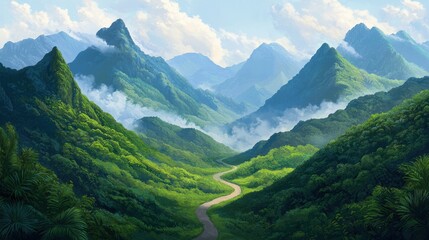 Naklejka premium Scenic Mountain Landscape with Lush Green Valleys and Clouds