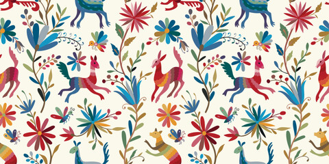 Mexican Otomi embroidery ornament. Colorful Mexican Traditional Textile Embroidery Style.