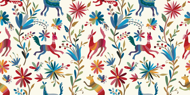 Mexican Otomi embroidery ornament. Colorful Mexican Traditional Textile Embroidery Style.