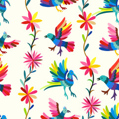 Design for wallpaper, wrapping paper, background, fabric. Colorful Mexican Traditional Textile Embroidery Style. Seamless pattern with birds and flowers on white background