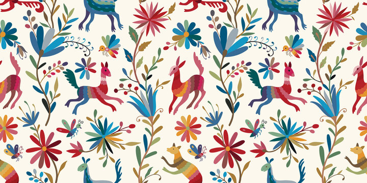 Mexican Otomi embroidery ornament. Colorful Mexican Traditional Textile Embroidery Style.