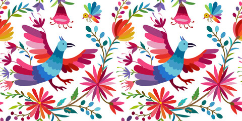Obraz premium Ornate ethnic Mexican embroidery Otomi. Seamless pattern with birds and flowers on white background. Design for wallpaper, wrapping paper, background, fabric.