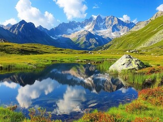 Serene Mountain Landscape with Reflection in Clear Blue Water