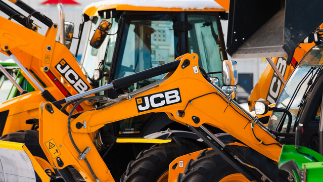Riga, Latvia - February 20, 2025: New construction equipment JCB near the auto center