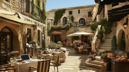 Fototapeta premium Outdoor dining in a historic European town square with stone architecture
