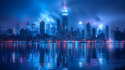 Dazzling Cityscape Reflected in Nighttime Waters of Bustling Metropolis