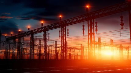 Obraz premium High-Voltage Transmission Lines at Sunset with a Dramatic Sky.