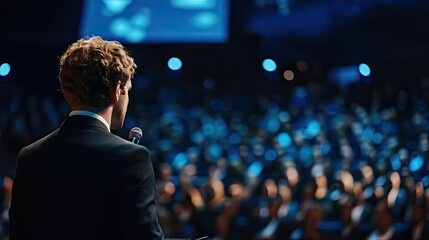 A speaker addresses an engaged audience in a large conference hall.