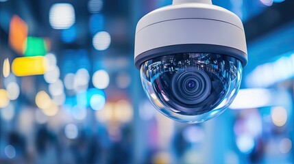 Close-up of a security camera in a modern environment with blurred background.