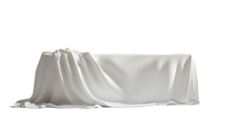 Mesa con mantel de color blanco sobre fondo transparente