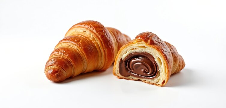 Two chocolate croissants on white background. One croissant cut, delicious chocolate filling inside. Fresh french pastry, sweet bakery product for breakfast. Crispy crust, tempting snack, single