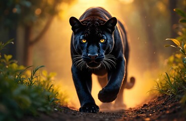 Majestic black jaguar walks towards camera through sunlit forest path. Wildlife scene of feline predator. Muscular panther prowls, embodies power, beauty, strength. Generative AI illustration evokes