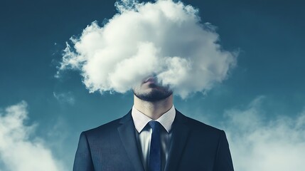 Businessman's face obscured by a fluffy white cloud against a moody sky.
