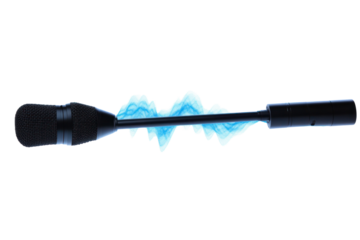 A professional podcasting microphone with an abstract soundwave in the background, emphasizing the act of broadcasting. The blue backdrop offers a sharp contrast