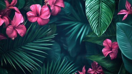 Fototapeta premium Lush Tropical Floral Background with Vibrant Pink Flowers and Green Leaves