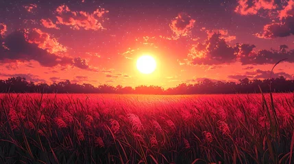 The colorful field and sky create a scenic sunset landscape