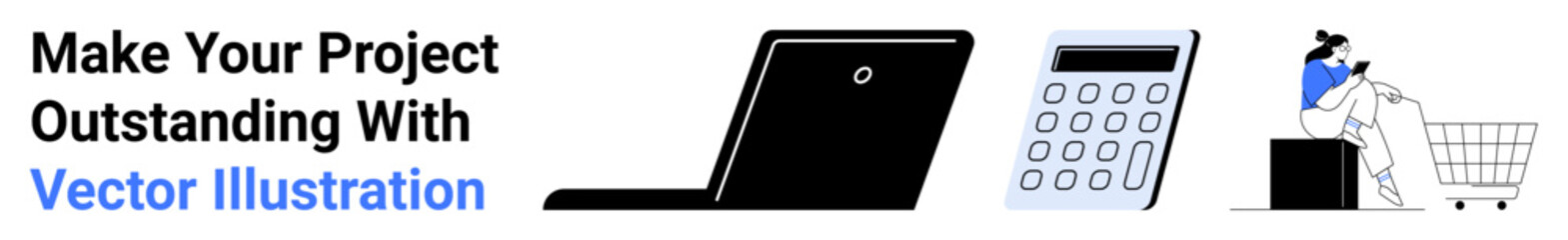 Black laptop, numeric calculator, and person pushing a shopping cart wearing a mask. Ideal for e-commerce, online services, digital tools, accounting, finance, remote work flat landing page banner