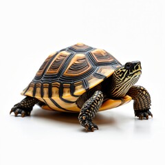 Brown turtle isolated on white studio background. Reptile tortoise crawls. Wildlife animal with patterned shell, scaly skin. Tortoise walking slowly. Symbol of wisdom, patience, longevity,