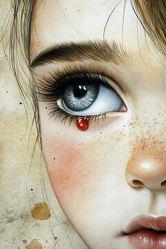 Blood drop from girl's eye, emotional mood, close-up, on textured background